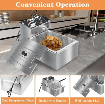 Freidora Eléctrica de 6 L de Acero Inoxidable con Canastilla, 2500 W, 110 V, Tanque Individual, Control de Temperatura y Tapa, Ideal para Hogar y Restaurante