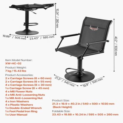 Silla de Caza Plegable 360° con Giro Silencioso, Estructura de Acero Resistente, Altura Ajustable, Capacidad 350 lb, Ligera y Portátil para Pesca, Camping y Exteriores