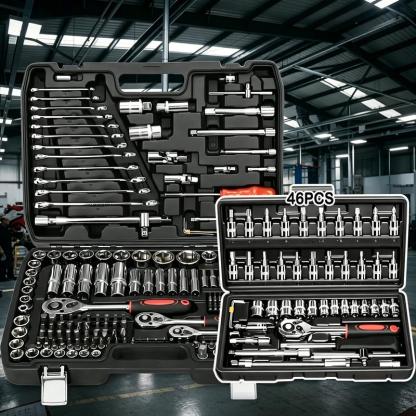 Juego de 46 Herramientas para Reparación Automotriz, Llaves de Vasos, Destornillador de Trinquete, Kit de Herramientas para Autos, Bicicletas, Hogar y Bricolaje con Caja Organizadora