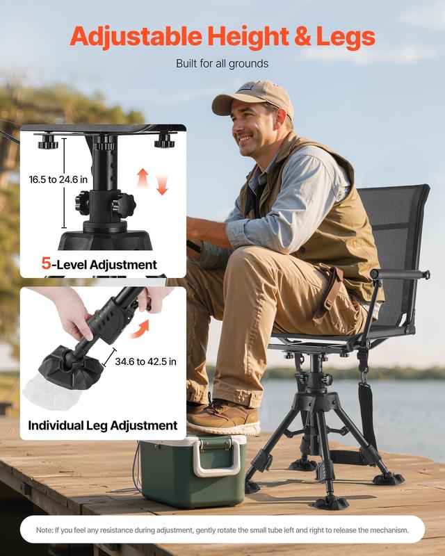 Silla de Caza Plegable 360° con Giro Silencioso, Estructura de Acero Resistente, Altura Ajustable, Capacidad 350 lb, Ligera y Portátil para Pesca, Camping y Exteriores