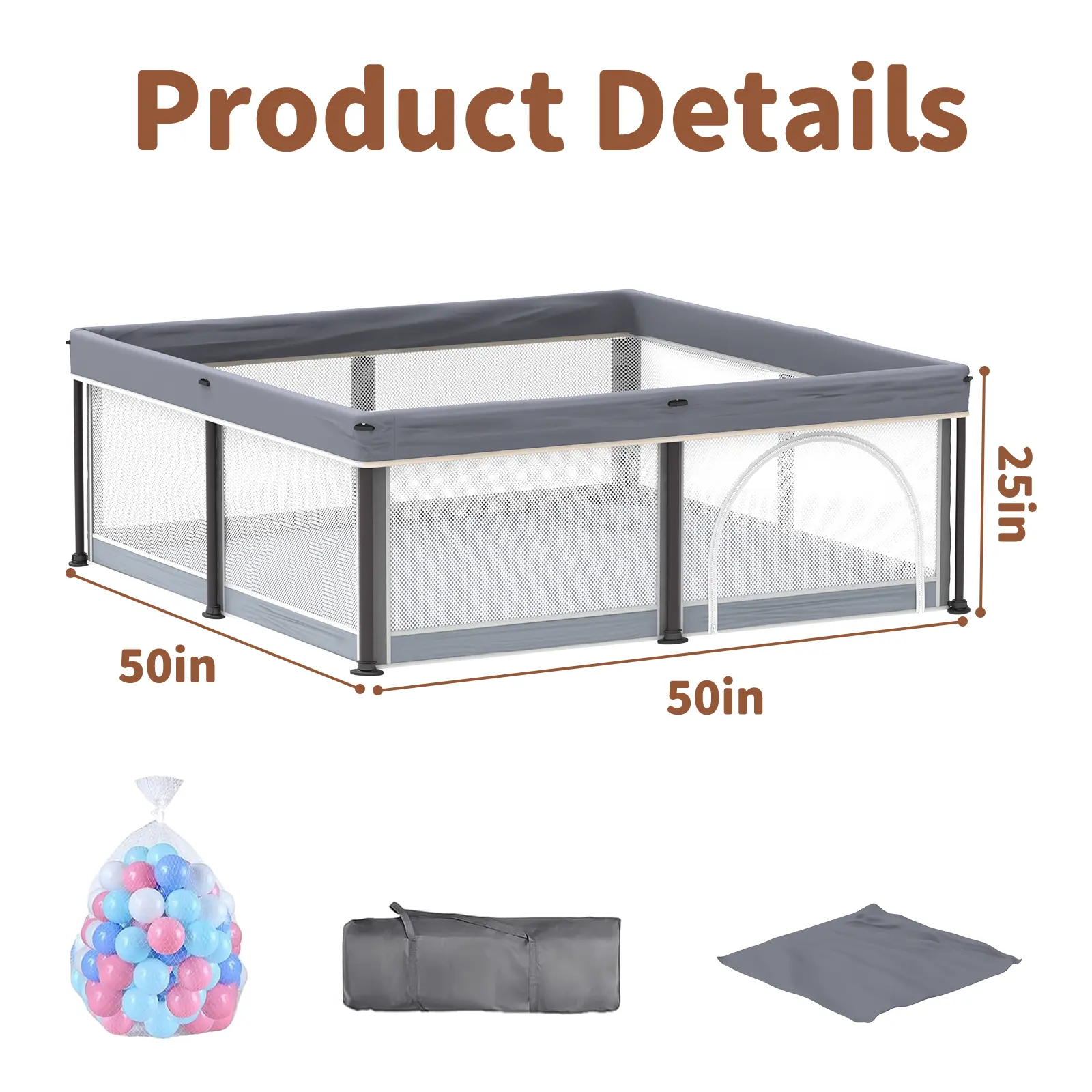 Corral Plegable para Bebé con Tapete 50"x50", Puerta de Seguridad, Diseño Transpirable, Incluye 50 Pelotas para Bebés y Niños