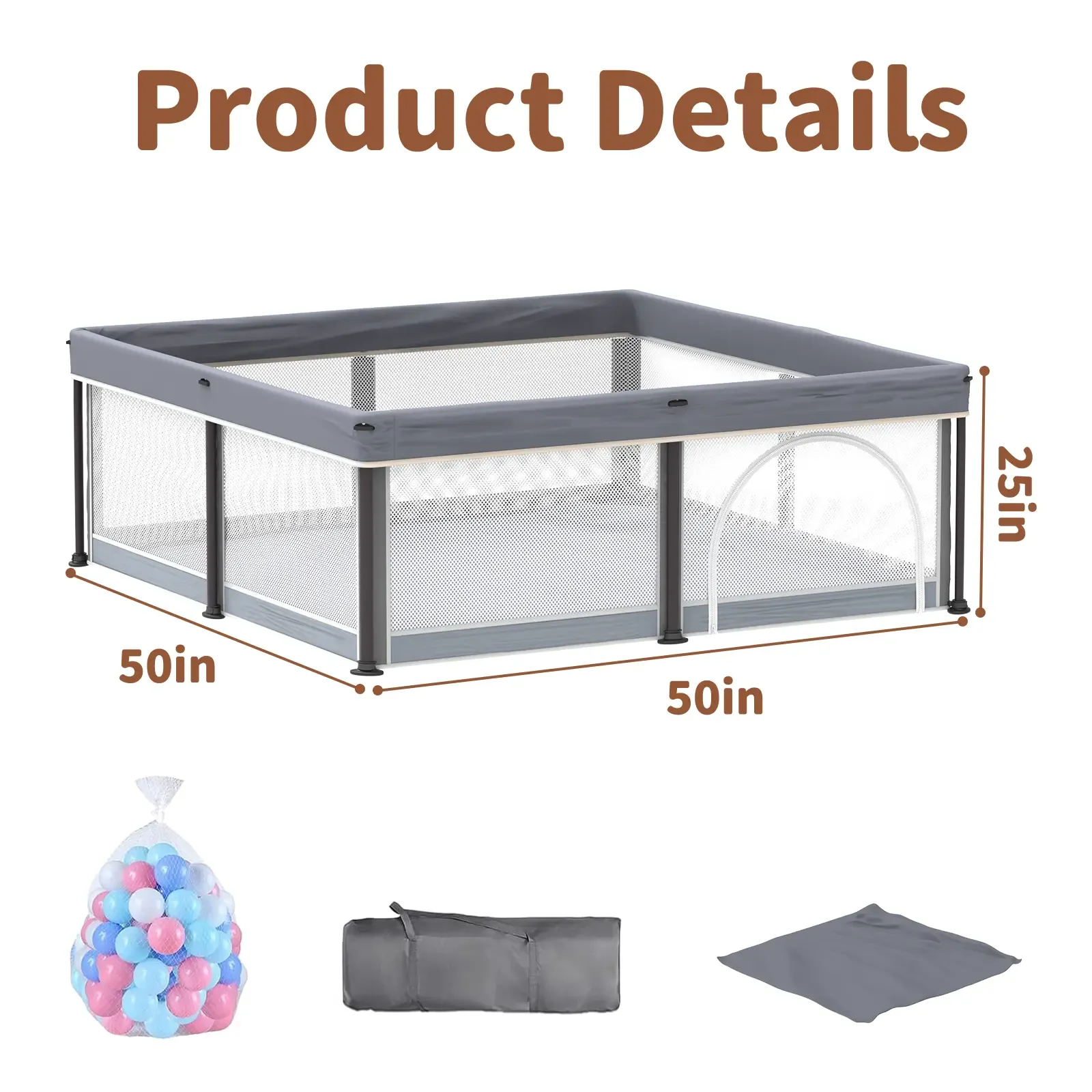 Corral Plegable para Bebé con Tapete 50"x50", Puerta de Seguridad, Diseño Transpirable, Incluye 50 Pelotas para Bebés y Niños