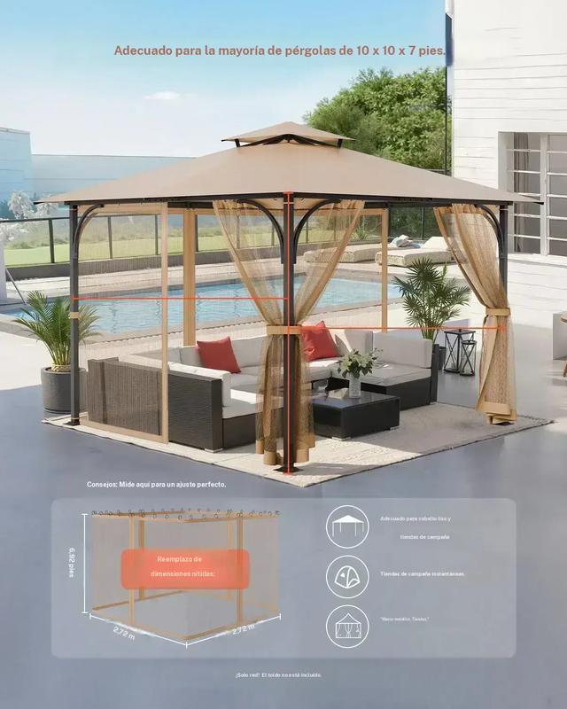 Red de repuesto para sombrilla (solo red), compatible con la mayoría de las sombrillas de 3×3 m (10 x 10 x 7 pies), red de jardín exterior, panel lateral de malla de 4 puertas, red antiinsectos para patio con doble cremallera, solo red