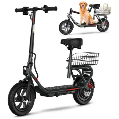 TST Scooter Eléctrico con Asiento, Scooter Eléctrico Plegable de Comunicación para Adultos de 300W, Neumático de 12" de Diámetro, hasta 16 Mph, con Cesta y Asiento Ajustable en Altura