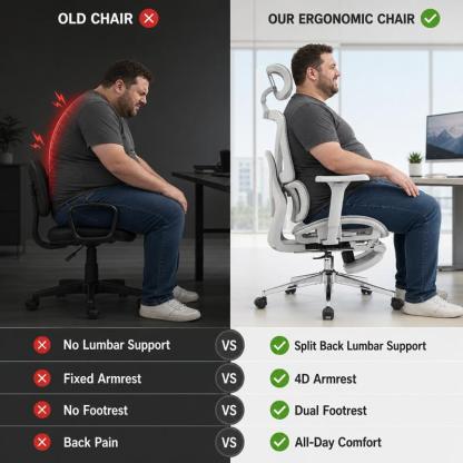 Silla Ergonómica Ejecutiva con Reposapiés, Respaldo de Malla, Soporte Lumbar 3D y Brazos Ajustables