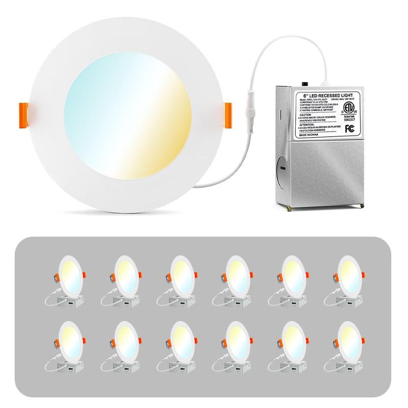 6 Inch 5 CCT Led Recessed Ceiling Light With Junction Box, 2700k/ 3000k/ 3500k/ 4000k/ 5000k, 1050lm, 12w Equivalent To 110w, High Brightness Dimmable Pot Light Downlight, Energy Star.