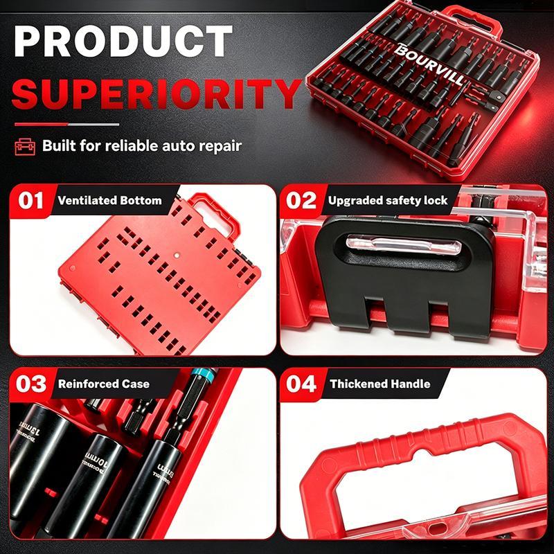 Set de 55 Piezas de Llaves de Impacto Magnéticas, SAE y Métricas, Vástago Hexagonal de 1/4", con Adaptadores y Extensión, Uso Profesional