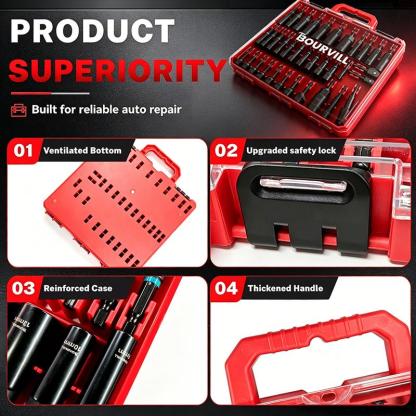 Set de 55 Piezas de Llaves de Impacto Magnéticas, SAE y Métricas, Vástago Hexagonal de 1/4", con Adaptadores y Extensión, Uso Profesional
