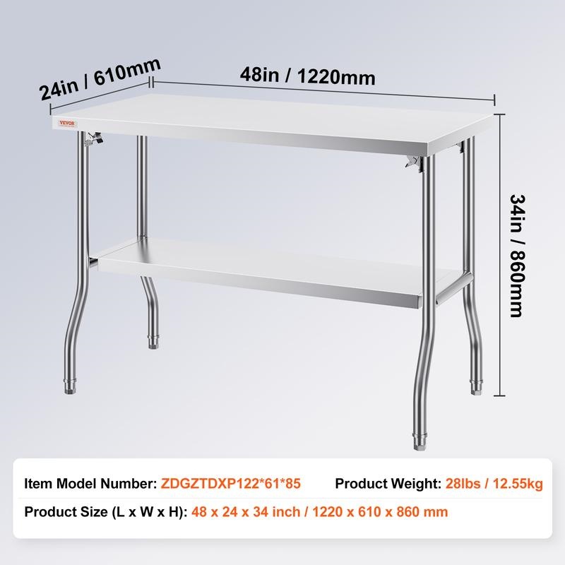 Mesa de Preparación Plegable de Acero Inoxidable Comercial 48x24", con Estante Inferior, Capacidad de 300 lb para Cocina, Restaurante y Hogar