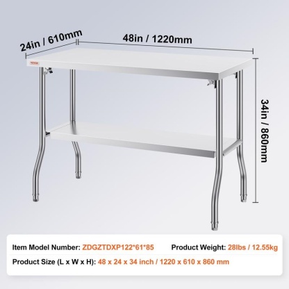 Mesa de Preparación Plegable de Acero Inoxidable Comercial 48x24", con Estante Inferior, Capacidad de 300 lb para Cocina, Restaurante y Hogar