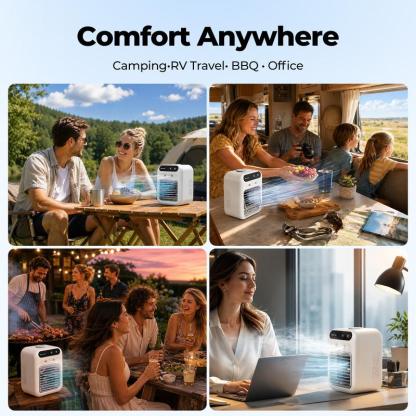 Ventilador Enfriador Portátil BougeRV 3 en 1, Recargable con 2 Velocidades de Neblina y Potente Flujo de Aire, Mini Ventilador Multifuncional para Recámara, Oficina y Camping.