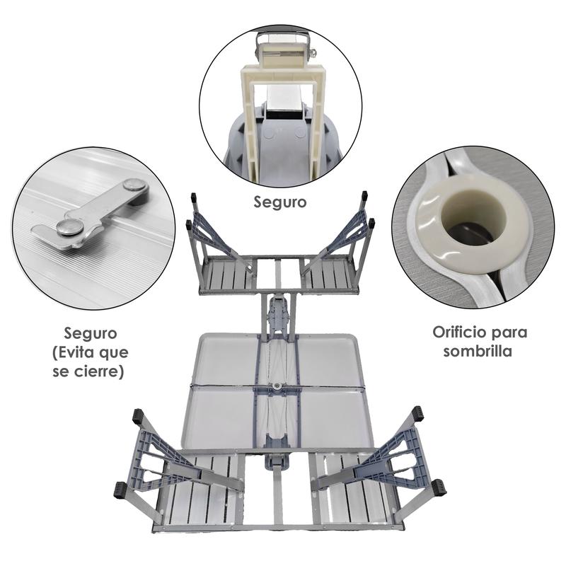 Mesa Plegable Portátil 4 Bancos Integrados Estilo Portafolio Para Camping, picnic o Jardín Estructura de aluminio reforzado y plástico resistente