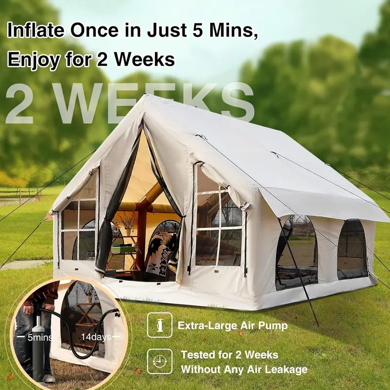 Tienda inflable para acampar 5~8 personas Gran carpa inflable para casa, sin necesidad de montaje Tienda de glamping de lujo, 10x10 pies
