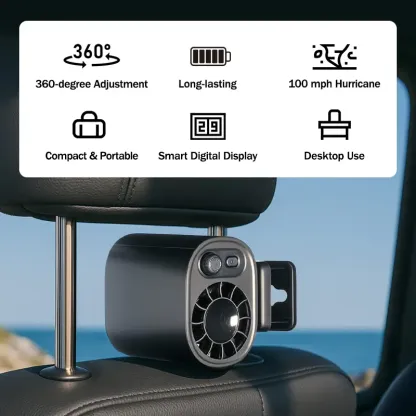 Ventilador para auto con clip, sin función de enfriamiento, pantalla LED, rotación 360°, 100 velocidades ajustables, recargable por USB con batería de 1800mAh, ajuste continuo de velocidad, botón de carga, portátil USB.