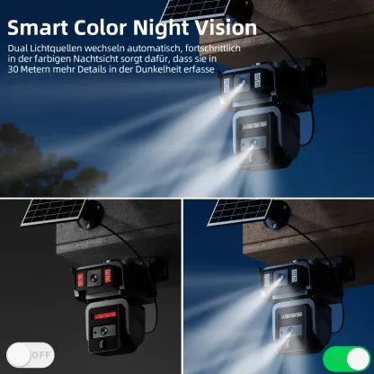 Cámara de seguridad solar WiFi 1080P, doble lente, visión nocturna a color, detección PIR, audio bidireccional, impermeable