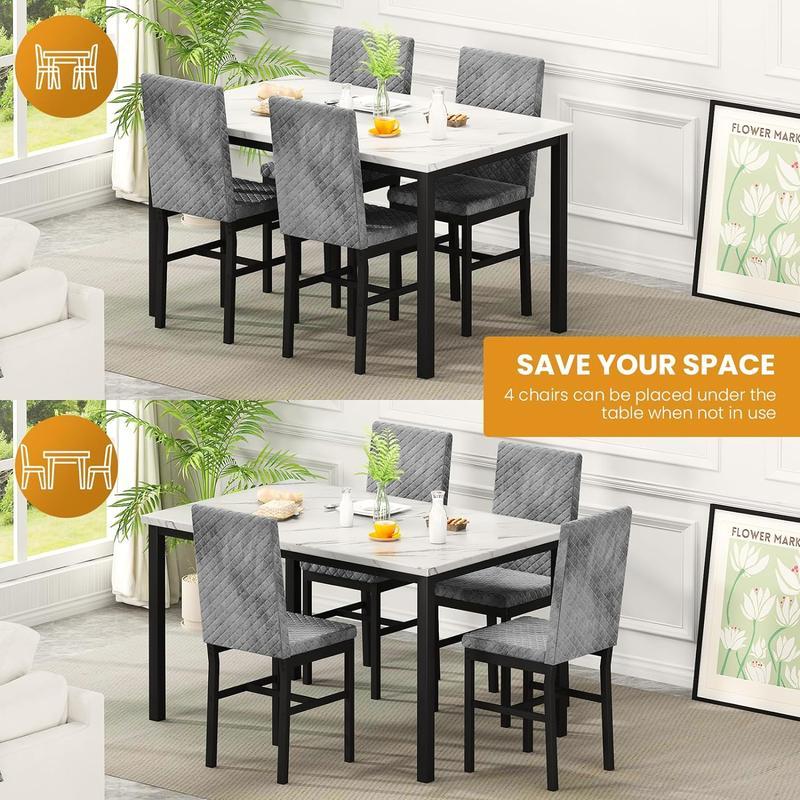 Juego de comedor para 4 personas, mesa con acabado tipo mármol de 120 × 70 cm, incluye 4 sillas modernas tapizadas en terciopelo con diseño ergonómico, ideal para comedor y cocina.