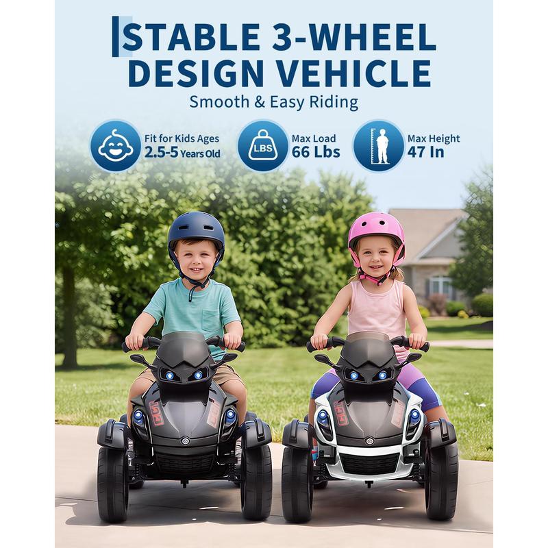 ATV Eléctrico Infantil 12V con Música y Luces, Cuatrimoto para Niños con 2 Motores, Diseño Estable de 3 Ruedas, Juguete Exterior para 3-6 Años