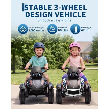 ATV Eléctrico Infantil 12V con Música y Luces, Cuatrimoto para Niños con 2 Motores, Diseño Estable de 3 Ruedas, Juguete Exterior para 3-6 Años