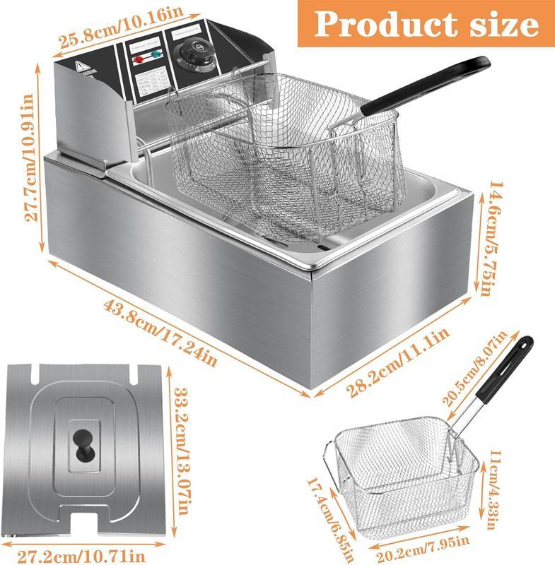 Freidora Eléctrica de 6 L de Acero Inoxidable con Canastilla, 2500 W, 110 V, Tanque Individual, Control de Temperatura y Tapa, Ideal para Hogar y Restaurante