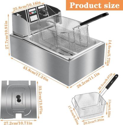 Freidora Eléctrica de 6 L de Acero Inoxidable con Canastilla, 2500 W, 110 V, Tanque Individual, Control de Temperatura y Tapa, Ideal para Hogar y Restaurante
