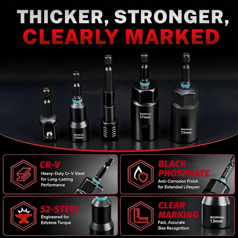 Set de 55 Piezas de Llaves de Impacto Magnéticas, SAE y Métricas, Vástago Hexagonal de 1/4", con Adaptadores y Extensión, Uso Profesional
