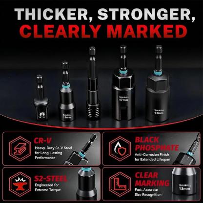 Set de 55 Piezas de Llaves de Impacto Magnéticas, SAE y Métricas, Vástago Hexagonal de 1/4", con Adaptadores y Extensión, Uso Profesional
