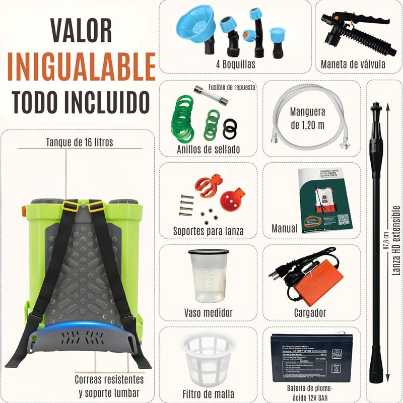 Mochila Pulverizadora a Batería 16L con Accesorios Incluidos y Asa Ajustable para Uso Eficiente