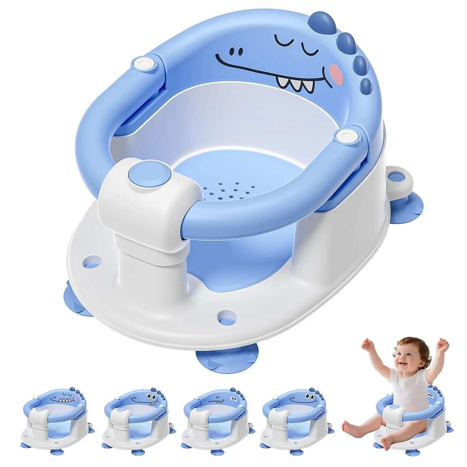 Silla de baño para bebé 5-18 meses, diseño sentado, base antideslizante con 4 ventosas, cojín suave, portátil y segura para el baño