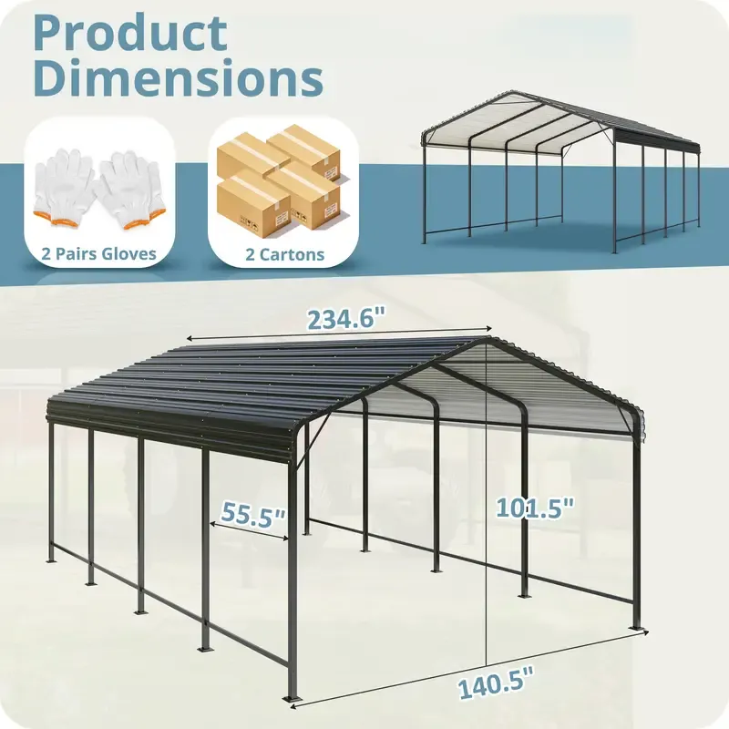 Carport de metal de 12x20 FT con base mejorada, garaje al aire libre resistente para camiones, barcos, autos y tractores, con estante galvanizado para protección de vehículos