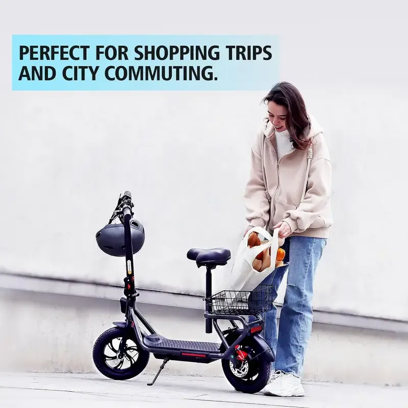 TST Scooter Eléctrico con Asiento, Scooter Eléctrico Plegable de Comunicación para Adultos de 300W, Neumático de 12" de Diámetro, hasta 16 Mph, con Cesta y Asiento Ajustable en Altura