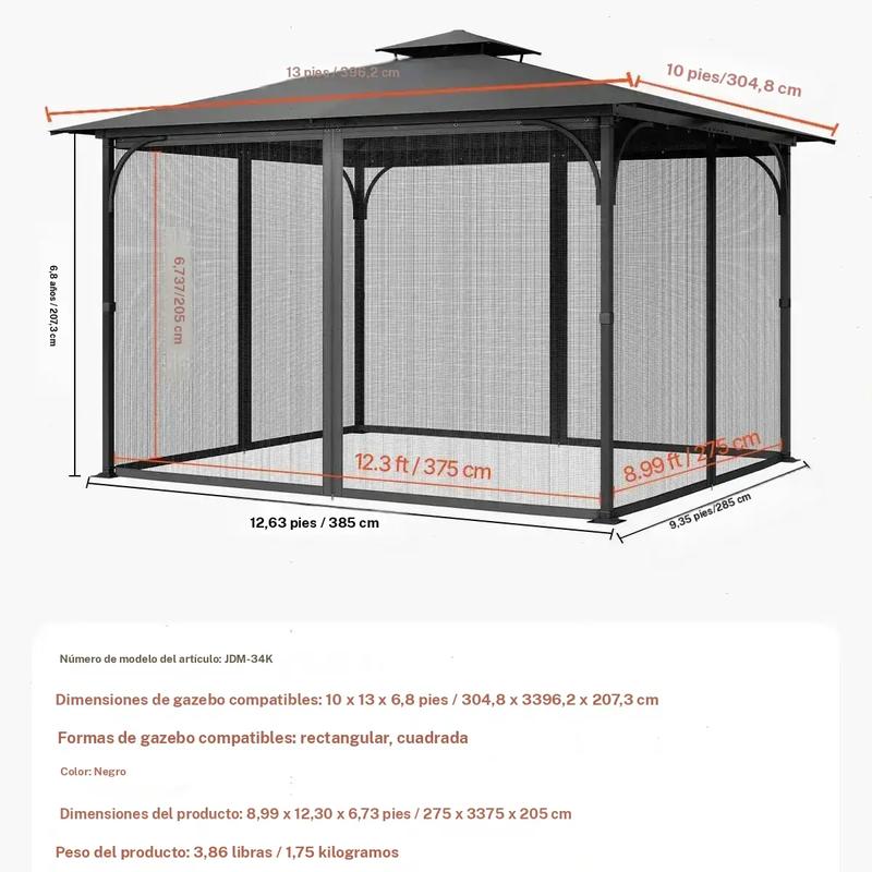 Red de repuesto para sombrilla (solo red), compatible con la mayoría de las sombrillas de 3×3 m (10 x 10 x 7 pies), red de jardín exterior, panel lateral de malla de 4 puertas, red antiinsectos para patio con doble cremallera, solo red