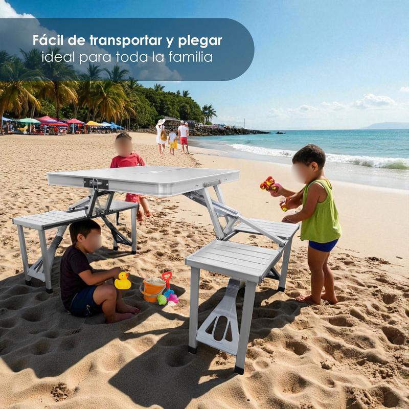 Mesa Plegable Portátil 4 Bancos Integrados Estilo Portafolio Para Camping, picnic o Jardín Estructura de aluminio reforzado y plástico resistente