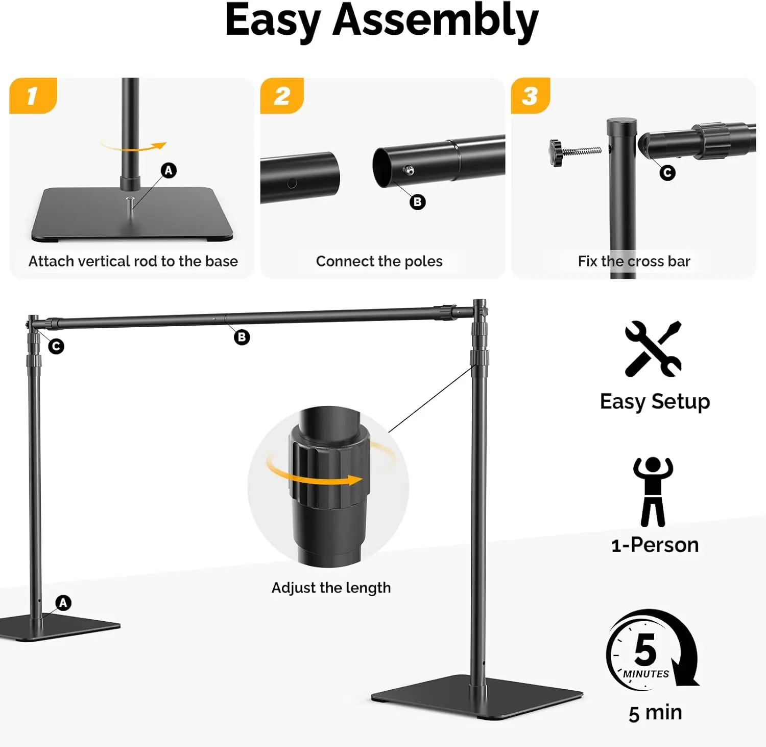 Soporte para Fondos Fotográficos, Kit Ajustable 8x10 ft, Soporte Resistente con Base de Acero para Fotografía, Estudio de Foto y Video, Cumpleaños, Bodas