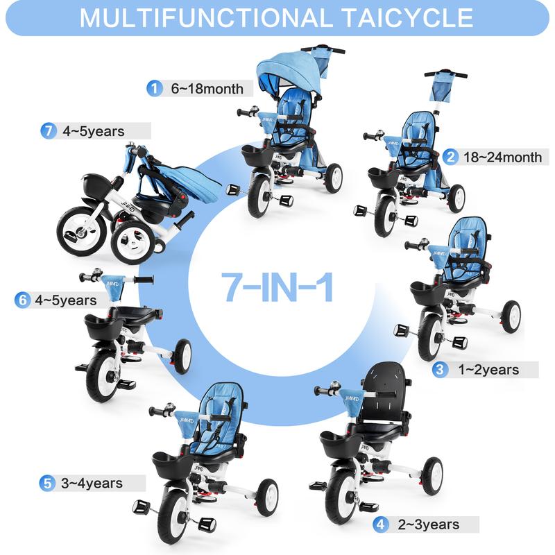 Triciclo 6 en 1 para Niños de 18 Meses a 5 Años, con Manija y Asiento Ajustables, Arnés, Toldo Desmontable y Estructura Metálica de 3 Ruedas