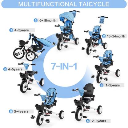 Triciclo 6 en 1 para Niños de 18 Meses a 5 Años, con Manija y Asiento Ajustables, Arnés, Toldo Desmontable y Estructura Metálica de 3 Ruedas