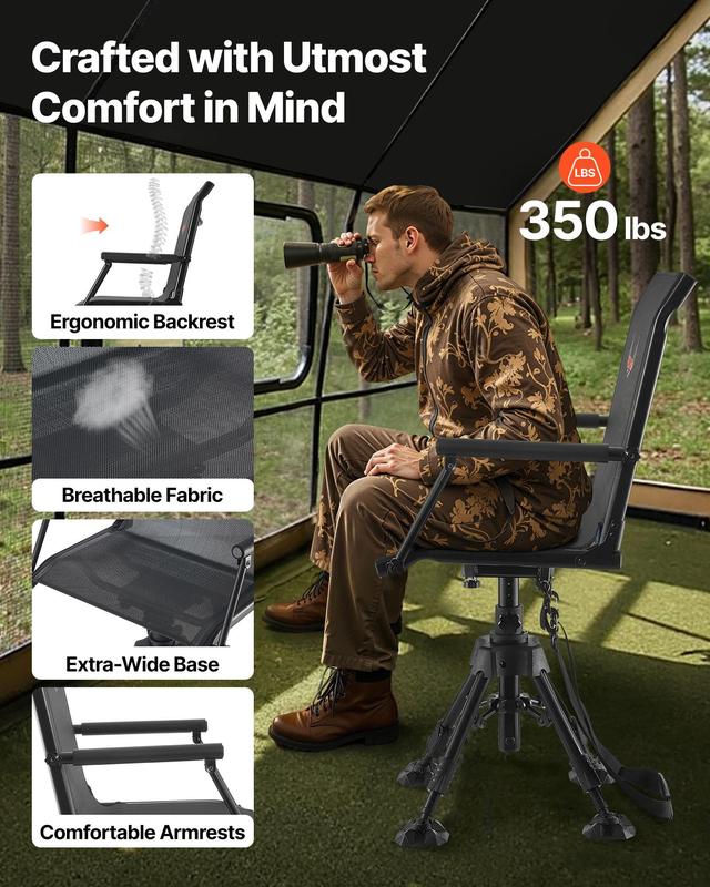 Silla de Caza Plegable 360° con Giro Silencioso, Estructura de Acero Resistente, Altura Ajustable, Capacidad 350 lb, Ligera y Portátil para Pesca, Camping y Exteriores