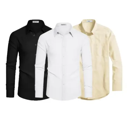 3-Pack Men's Dress Shirts 4-way Stretch Long Sleeve Collared Solid Wedding Dating Button Down Shirts Business Casual Breathable Outfits Menswear
