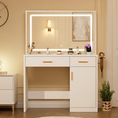Tocador Blanco con Espejo Iluminado y Enchufe – Tocador de Maquillaje con 3 Cajones y Soporte para Dormitorio de Niñas