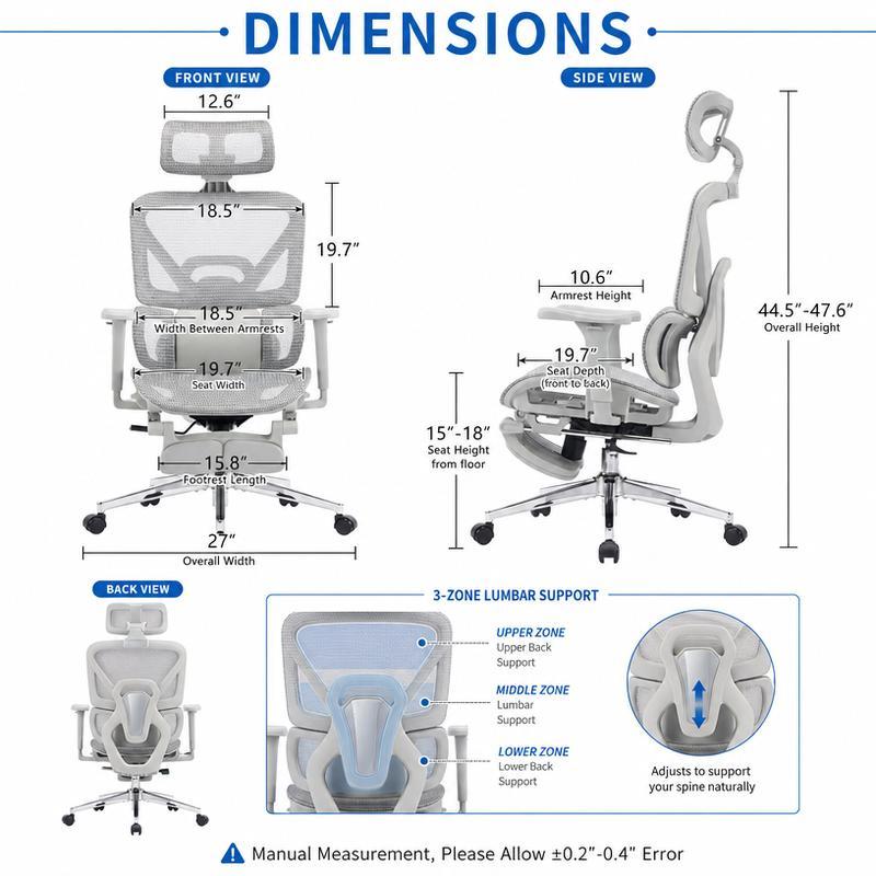 Silla Ergonómica Ejecutiva con Reposapiés, Respaldo de Malla, Soporte Lumbar 3D y Brazos Ajustables