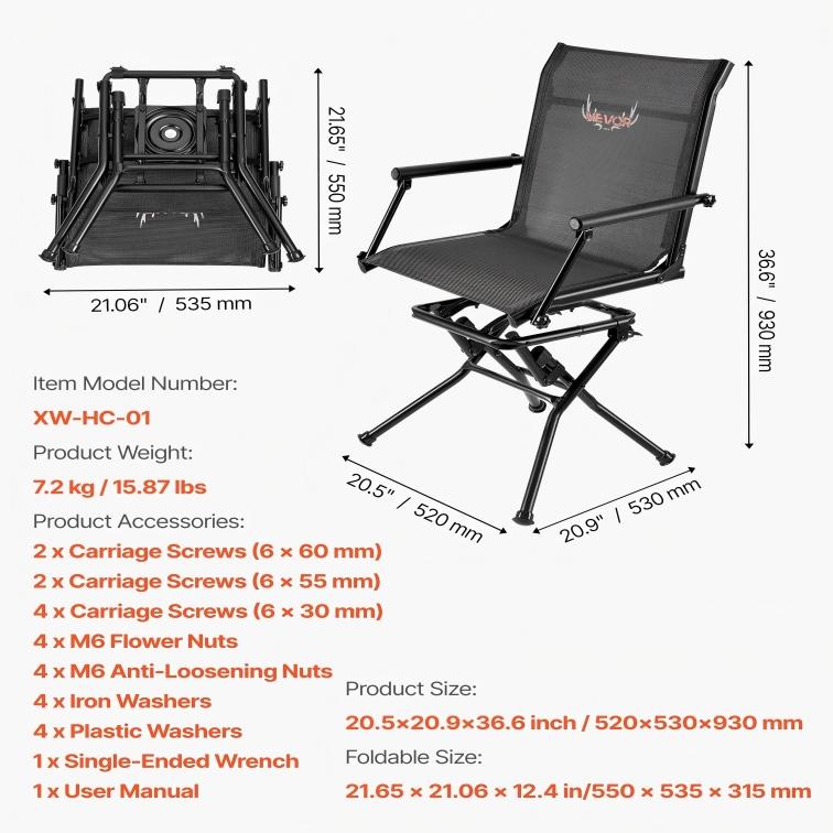 Silla de Caza Plegable 360° con Giro Silencioso, Estructura de Acero Resistente, Altura Ajustable, Capacidad 350 lb, Ligera y Portátil para Pesca, Camping y Exteriores