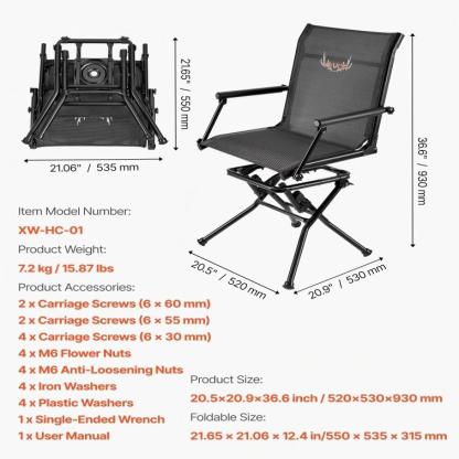 Silla de Caza Plegable 360° con Giro Silencioso, Estructura de Acero Resistente, Altura Ajustable, Capacidad 350 lb, Ligera y Portátil para Pesca, Camping y Exteriores
