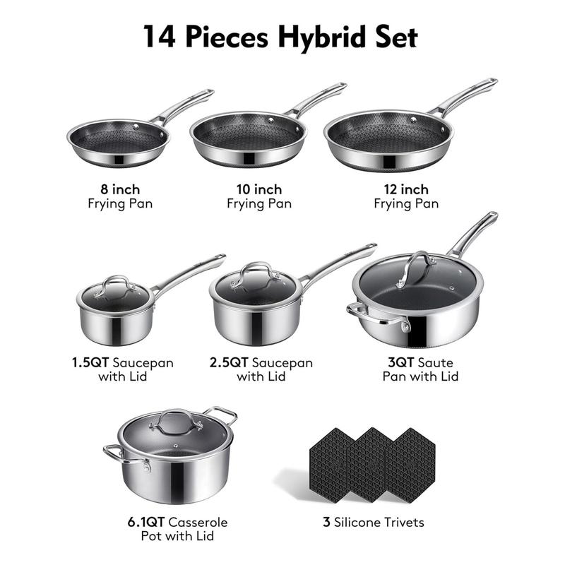 Juego de ollas y sartenes híbridas de acero inoxidable de 10 y 14 piezas con tapas, antiadherentes, aptas para lavavajillas, compatibles con inducción, libres de PFOA y materiales tóxicos.