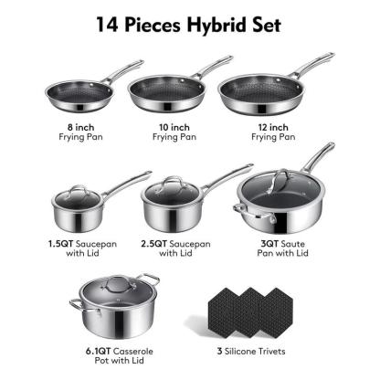 Juego de ollas y sartenes híbridas de acero inoxidable de 10 y 14 piezas con tapas, antiadherentes, aptas para lavavajillas, compatibles con inducción, libres de PFOA y materiales tóxicos.