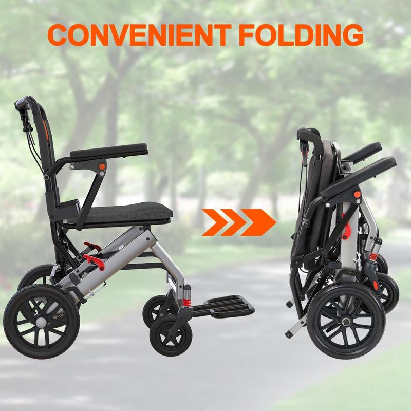 Lightweight Folding Wheelchair for Seniors with Aviation Aluminum Frame, Flip Armrests, Secure Brakes, Spacious Seating, Ideal for Safe Transfers Indoors and Outdoors in Gray Orange