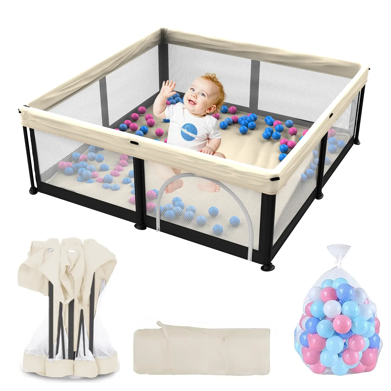 Corral Plegable para Bebé con Tapete 50"x50", Puerta de Seguridad, Diseño Transpirable, Incluye 50 Pelotas para Bebés y Niños