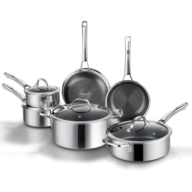 Juego de ollas y sartenes híbridas de acero inoxidable de 10 y 14 piezas con tapas, antiadherentes, aptas para lavavajillas, compatibles con inducción, libres de PFOA y materiales tóxicos.