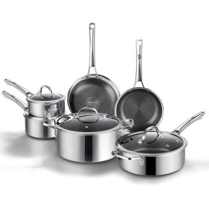 Juego de ollas y sartenes híbridas de acero inoxidable de 10 y 14 piezas con tapas, antiadherentes, aptas para lavavajillas, compatibles con inducción, libres de PFOA y materiales tóxicos.