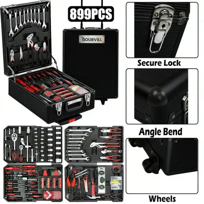 Juego de herramientas Bourvill de 899 piezas: estuche metálico portátil de alta capacidad, gabinete móvil con ruedas y unidad de almacenamiento de 4 niveles de aleación de aluminio, un kit completo para reparación mecánica y mantenimiento del hogar.
