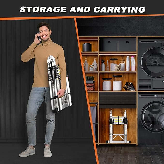 Escalera telescópica con marco A, escalera de extensión de aluminio compacta de 16.5 pies, escalera telescópica portátil para caravanas al aire última intervensión, autocaravana, con plataforma de-llave inglesa