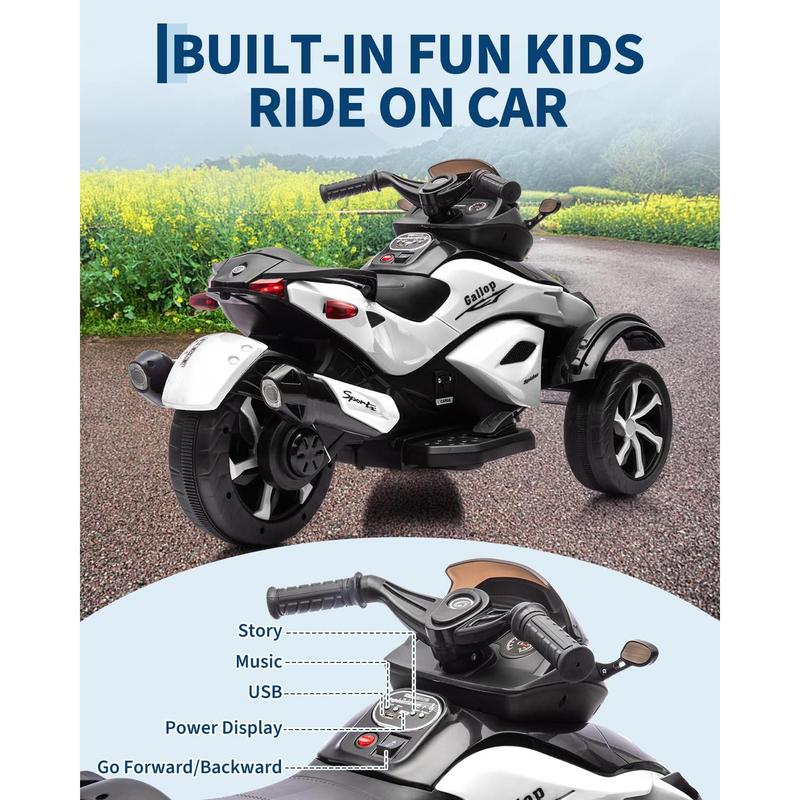 ATV Eléctrico Infantil 12V con Música y Luces, Cuatrimoto para Niños con 2 Motores, Diseño Estable de 3 Ruedas, Juguete Exterior para 3-6 Años
